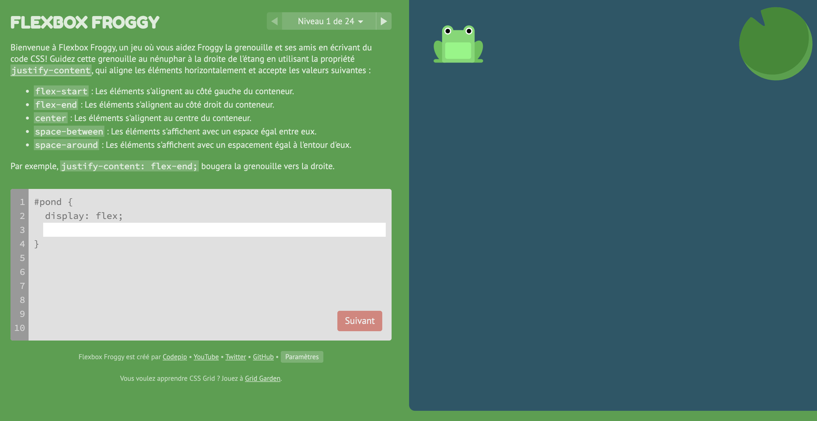 Page d'accueil de flexbox froggy